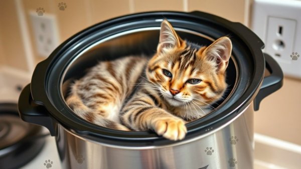 Adorable tabby cat napping in slow cooker, Cat Napping Photos