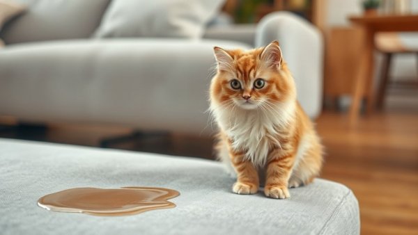 Fluffy cat on sofa with pee stain, Why Cats Pee on Furniture.