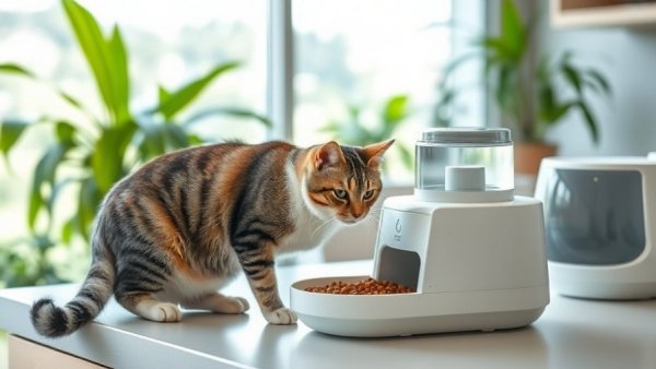 Tabby cat eating from Oneisall automatic feeder, modern pet products.