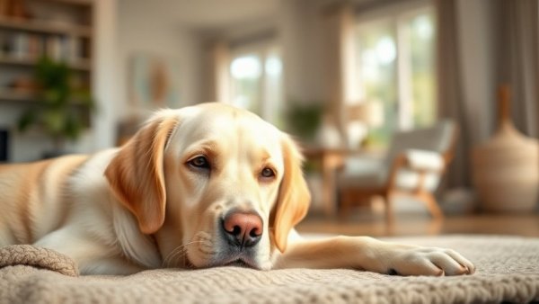 Gentle Labrador dog relaxing indoors with mythology inspired dog names.