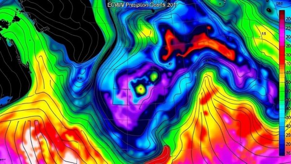 Colorful ECMWF map displays atmospheric moisture levels over the western U.S.