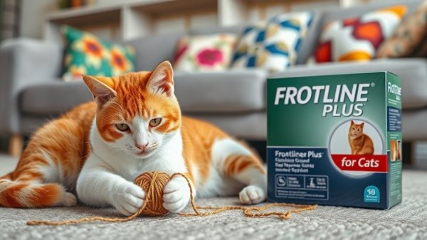 Cat with Frontline Plus seeking flea treatment duration in living room.