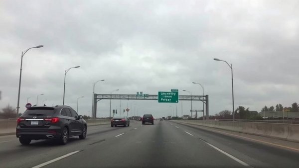 Cloudy highway exit scene near University Parkway on I-215.