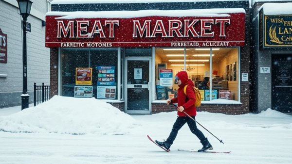 Winter blizzard skiing past a snow-covered meat market storefront.