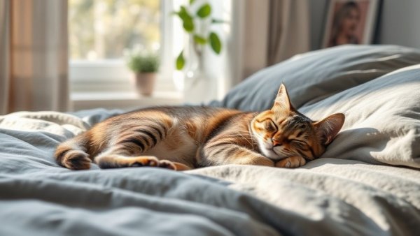 Sleeping tabby cat on bed with window view, relaxed atmosphere.