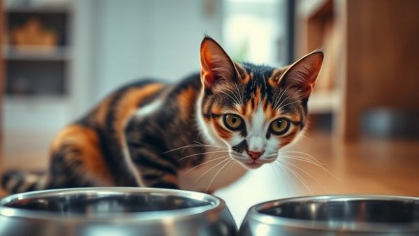 Calico cat observing a food bowl, properly feeding your cat.