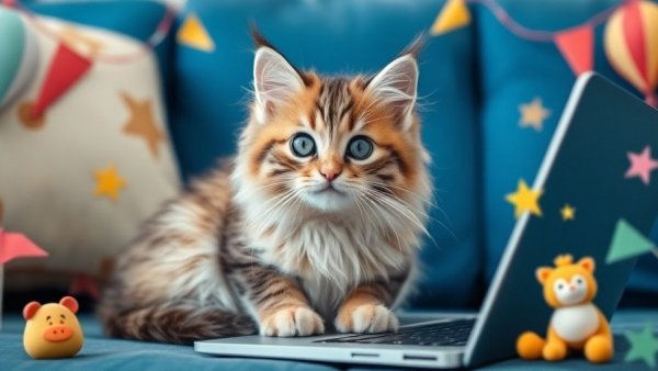 Fluffy cat on laptop for 'My Cat’s Weirdest Habit' contest.