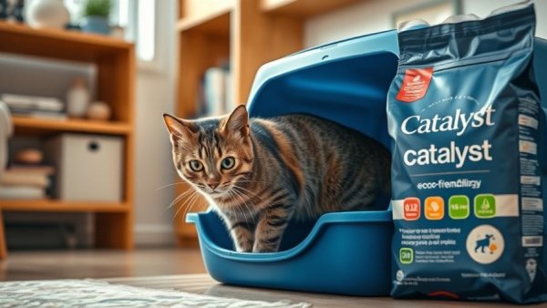 Eco-friendly Catalyst Cat Litter with curious cat in cozy room.