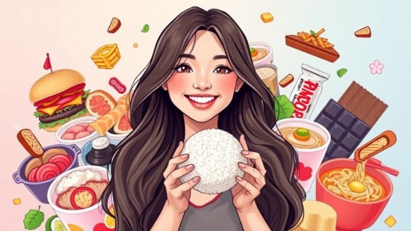 Cheerful woman surrounded by assorted foods in cartoon style.