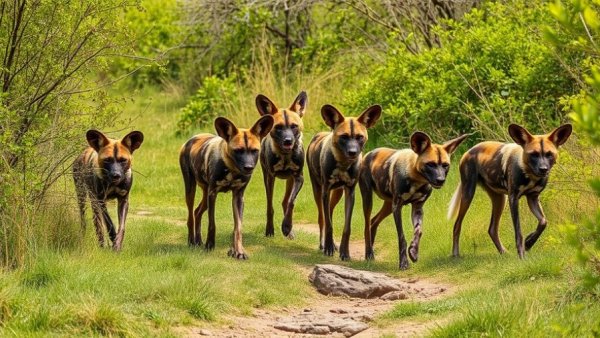 African wild dogs exploring habitat, illustrating social animals at extinction risk.