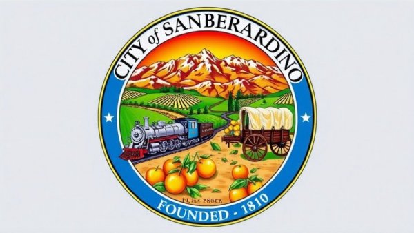 San Bernardino city emblem with historical and agricultural scenes, vibrant colors.