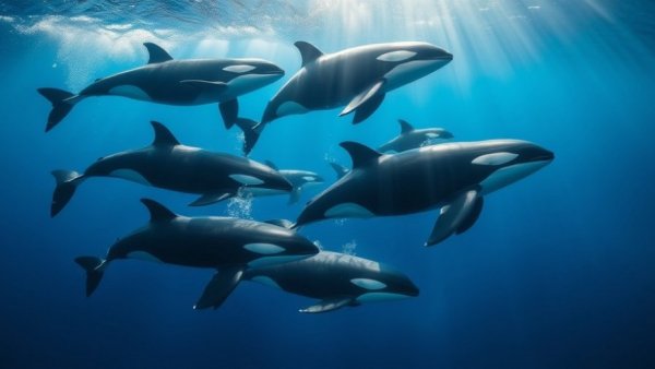 Pod of orcas swimming in Baja California Sur's clear waters.