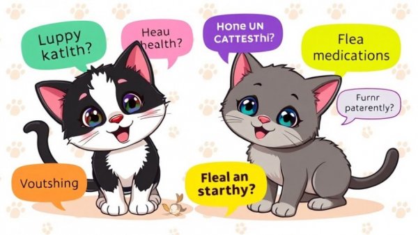 Kittens discussing common health issues like vomiting and flea meds in a cartoon style.