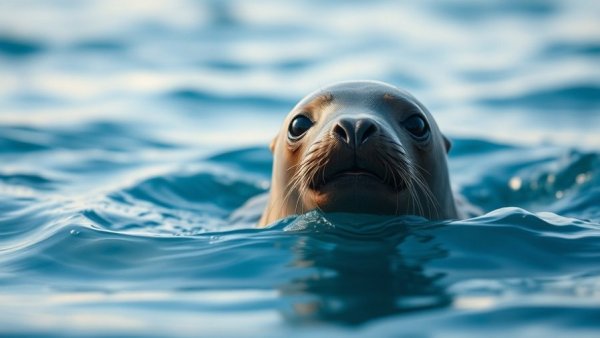 Curious seal emerging from water, blurred ocean background.