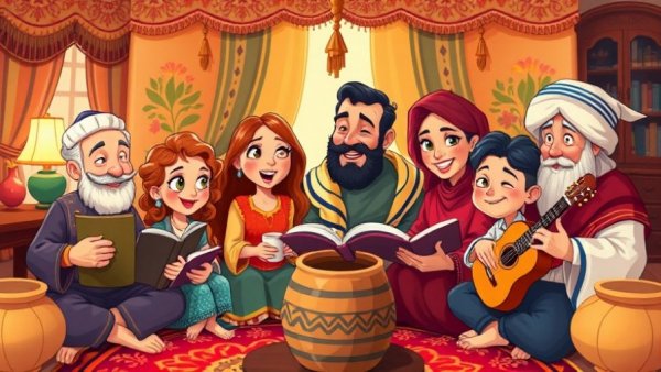 Purim Celebration Stories illustration of a family gathering.