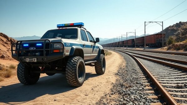 Rugged off-road police vehicle by San Bernardino train tracks, related to Off Highway Vehicle Grant Proposal.
