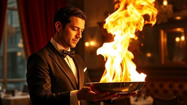 Dramatic flambé at Golden Steer steakhouse review scene with waiter.