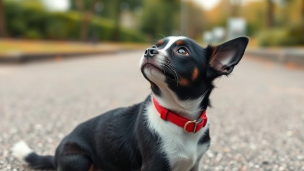 Cute dog with red collar on pavement, Korean Dog Names inspiration.