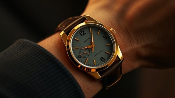Elegant vintage watch on wrist with dark backdrop and soft lighting.
