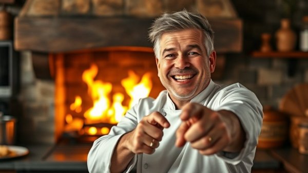 Cheerful chef in a warm kitchen environment pointing playfully.