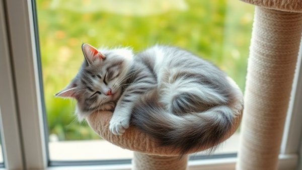 Cat sleeping in funny position on cat tower with garden view.