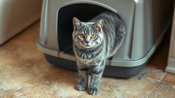 Curious gray cat by litter box on tiled floor.