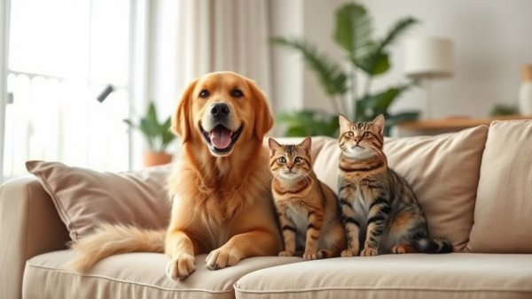 Golden retriever and cat on beige sofa in modern living room, Spring Cleaning Essentials for Cats.