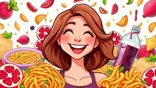 Colorful cartoon of joyful woman with diverse foods, representing diet and lifestyle