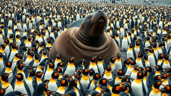 Southern elephant seal among king penguin colony, showcasing wildlife recovery.