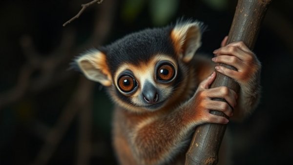 Weird deadly animals: slow loris on a branch at night.