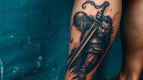 Realistic warrior tattoo artistry on calf with intricate detailing.