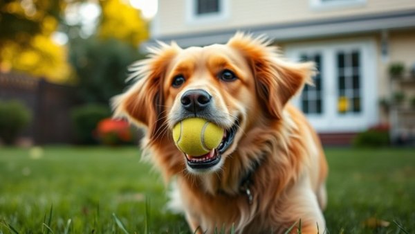 Golden dog with tennis ball showcases dog engagement methods in yard.