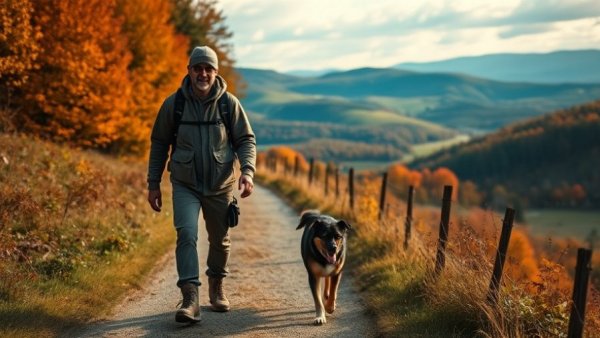 Man and dog on countryside path, exploring nature.