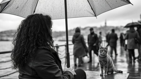 Istanbul stray cats in black and white photo by waterfront with woman.
