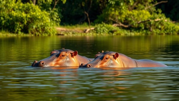 Hippo safari with hippos swimming in a river, lush background.