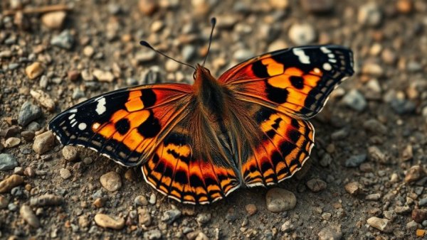 Large tortoiseshell butterfly return on textured ground, vibrant and detailed.