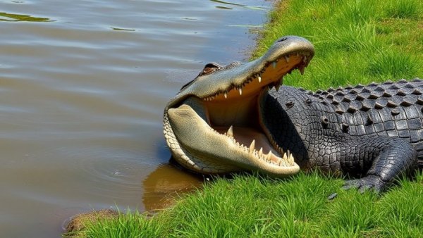 Large crocodile showing teeth resting by murky water, outrun a crocodile.