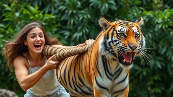 Tiger tourism controversies: Woman interacts with a tiger in a zoo.