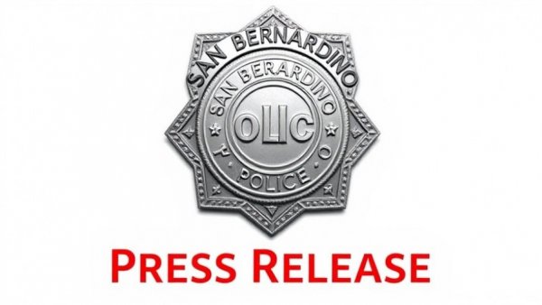 San Bernardino PD badge and press release text.