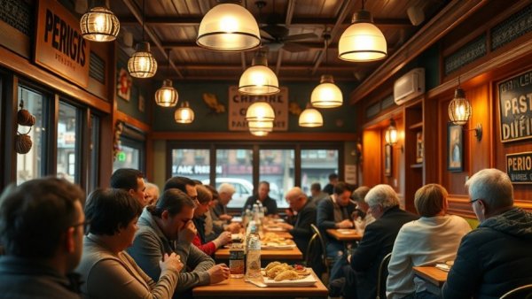 Cozy pierogi restaurant in Ridgewood with patrons enjoying the warm atmosphere.