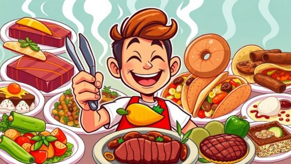 Cartoon food illustration with various dishes, person holding tongs, mango soup recipes.