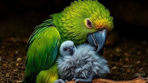 Close-up of kākāpō parrot nurturing chick, highlighting breeding success.