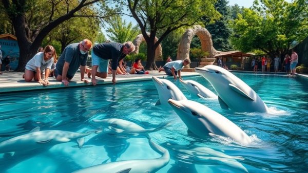 People engaging with belugas at aquarium, sunny day.