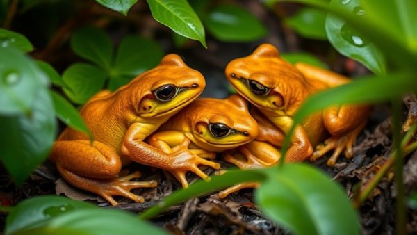 Panamanian golden frogs rewilding in lush forest environment