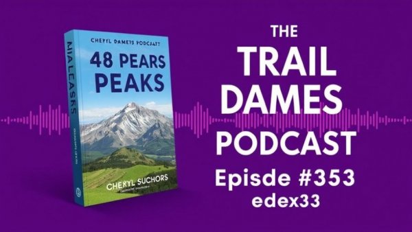 The Trail Dames Podcast cover featuring 48 Peaks book, scenic mountain background.