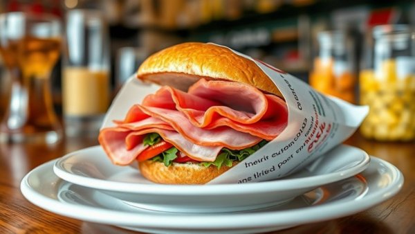 Delicious sandwich at Bar Ferdinando Café wrapped in branded paper.