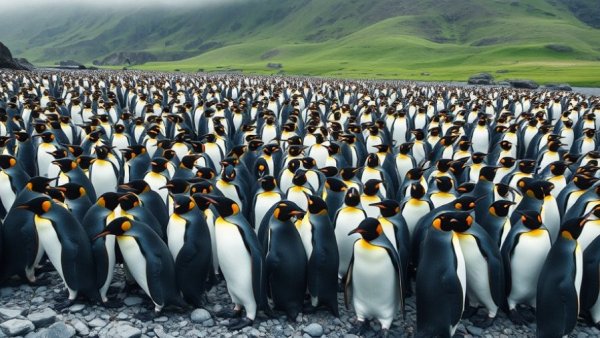 Large king penguin colony in rocky landscape with green hills.