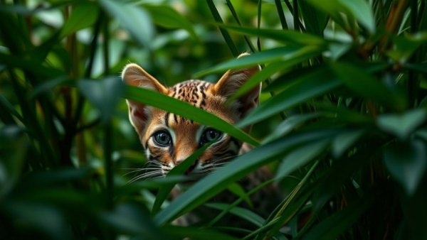 Alert ocelot in dense jungle foliage on Cozumel Island.