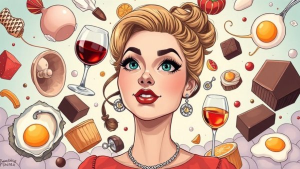 Surreal cartoon of culinary scene with woman, oysters, wine, and chocolate.