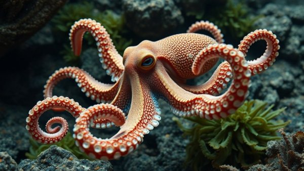 Intricately textured octopus swimming, Ban Octopus Farming theme.
